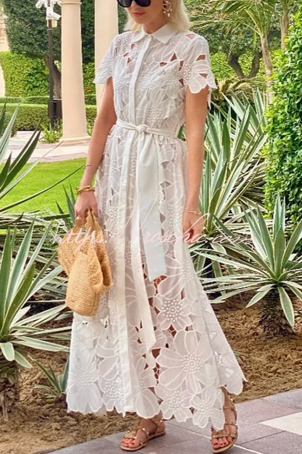 Dubai Style Crochet Lace Short Sleeve Tie-up Shirt Maxi Dress