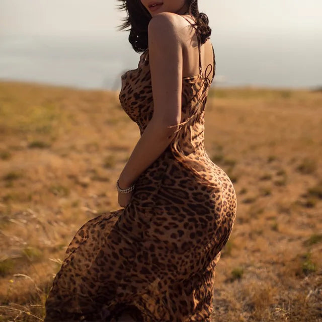 New Leopard Print See-through Suspender Dress Backless Sleeveless Long Dresses High Waist Lace-up Evening Dress