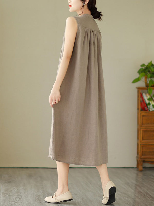 A-line Sleeveless Buttoned Pleated Color Round-neck Midi Dresses