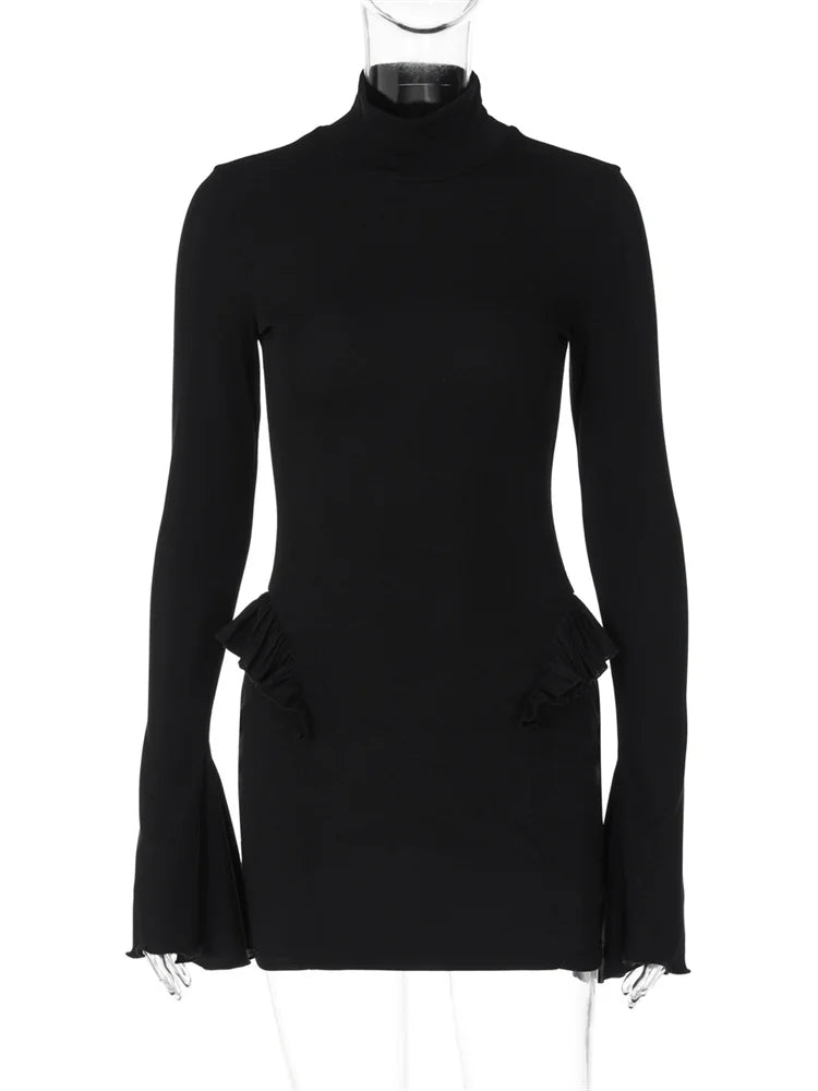 Autumn Ruffled Patchwork Mini Dress ’s Long Sleeve High Waist Dress Skinny Party Dress