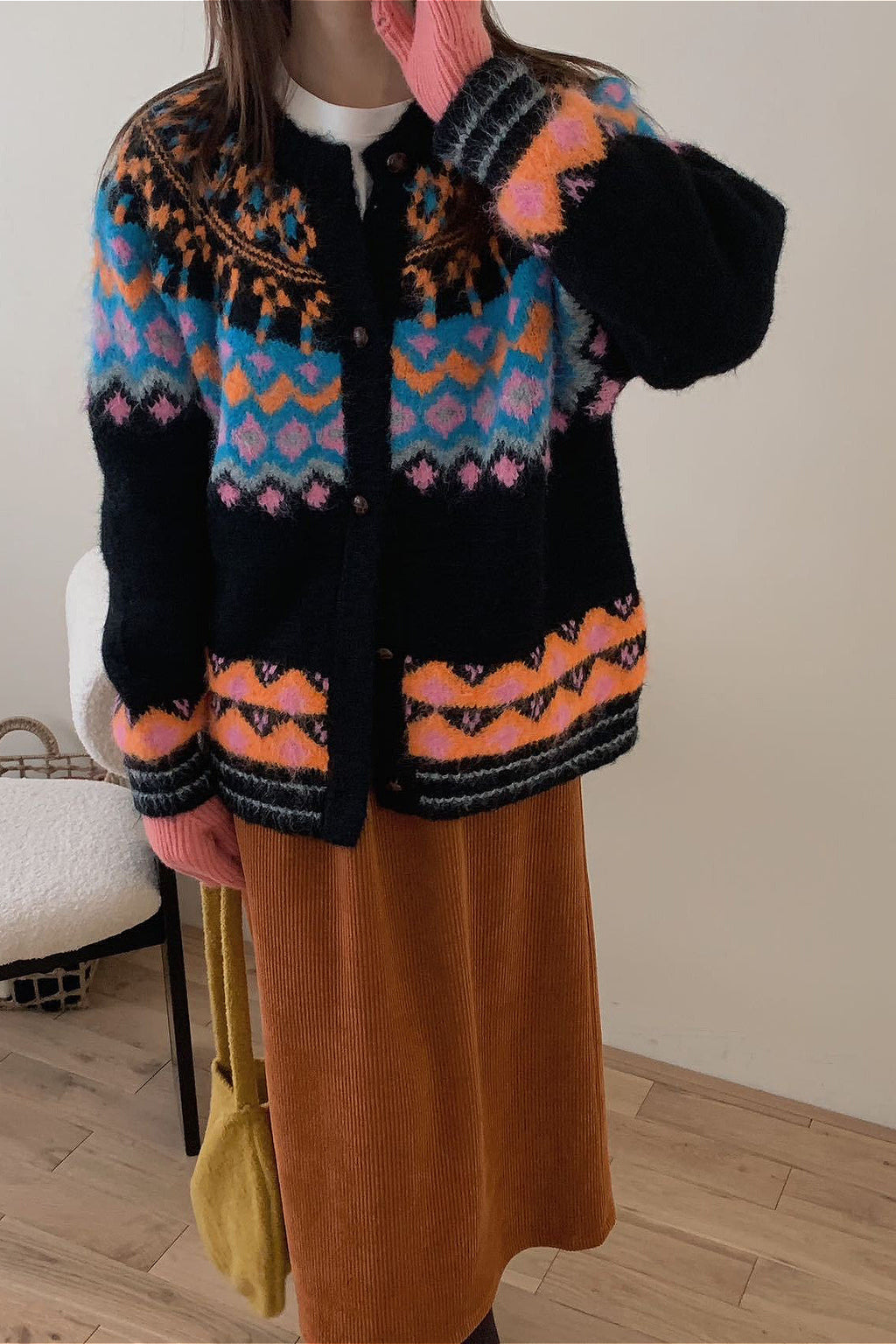 Fair Isle Jacquard Colorblock Knit Cardigan