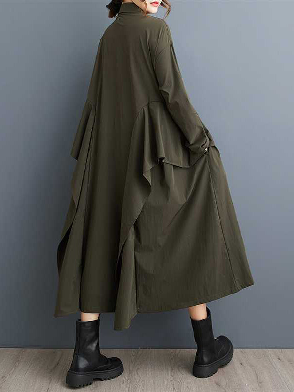 A-line Long Sleeves Buttoned Pockets Ruffle Trim Color Lapel Midi Dresses