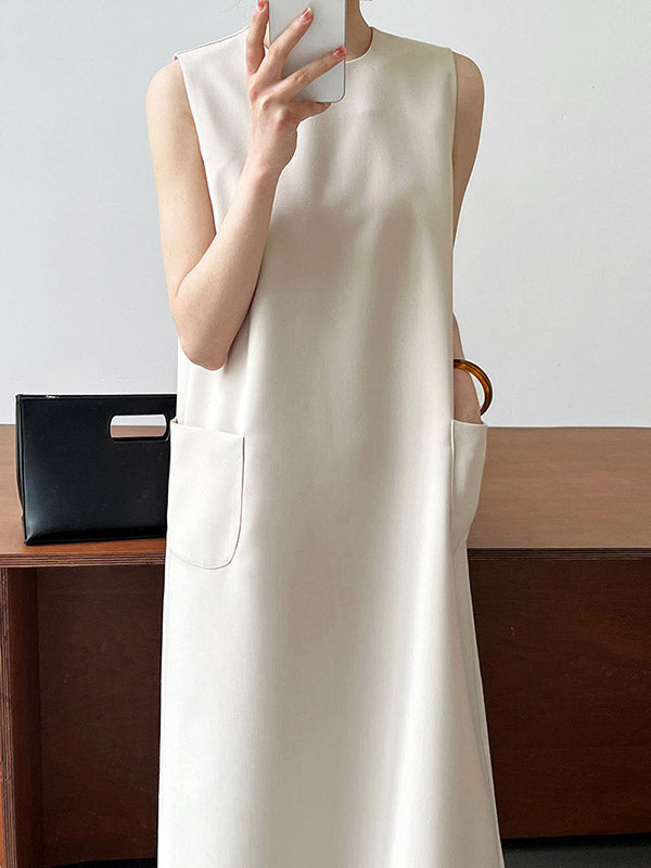 High Waisted Loose Pockets Color Split-back Zipper Round-neck Midi Dresses