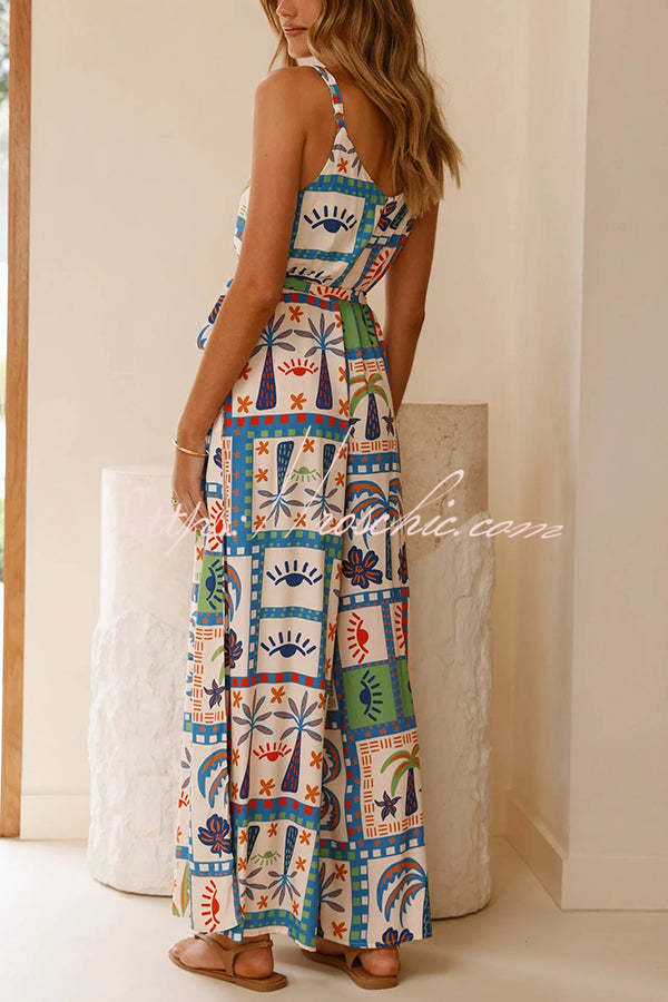 Unique Beach Vacation Print V-neck Suspenders Wide-leg Jumpsuit