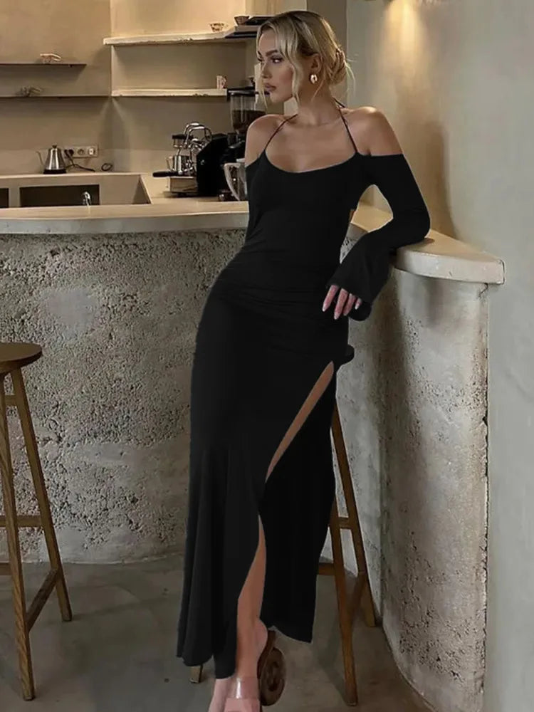 Backless Split Hollow Out Long Sleeve Dress Lace Up Bodycon Maxi Dress Party Club Evening Dress New