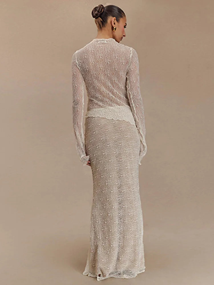 Lace Long Sleeved Round Neck Top Skirt Two-piece Set for Autumn Winter New Transparent T-shirt Set