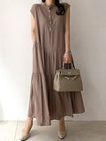 A-line Loose Buttoned Pleated Ruffled Color Split-joint Tiered Stand Collar Midi Dresses