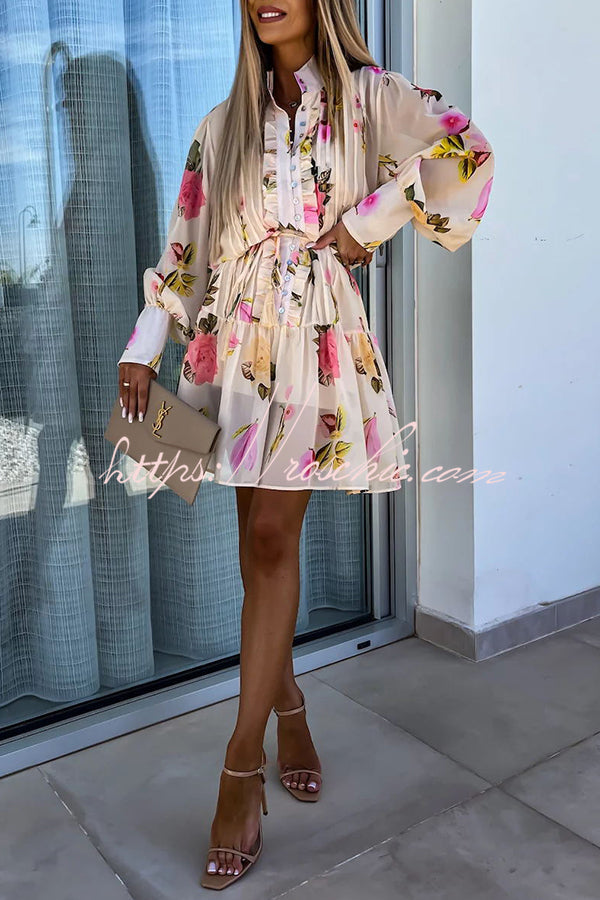 Sunset and Dreams Print Subtle Tuck Lantern Sleeve Belt Mini Dress
