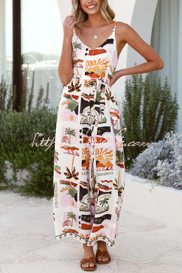 Unique Beach Vacation Print V-neck Suspenders Wide-leg Jumpsuit