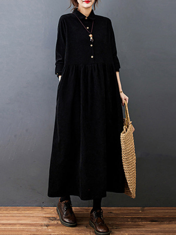Split-joint Color Long Sleeves Lapel A-line Corduroy Midi Dress