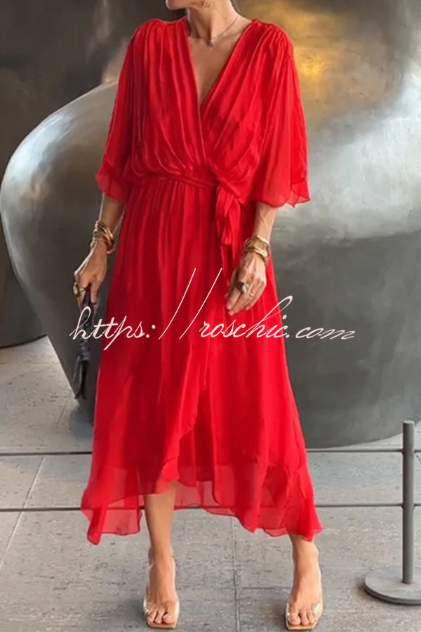 Color V-neck Bat Sleeve Lace-up Irregular Hem Midi Dress