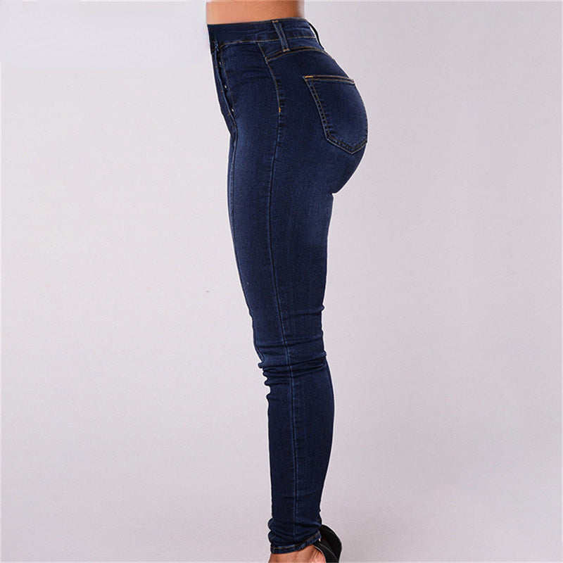 Skinny Double-breasted High Waist Pencil Jeans Slim Fit Stretch Denim Pants Full Length Denim Tight