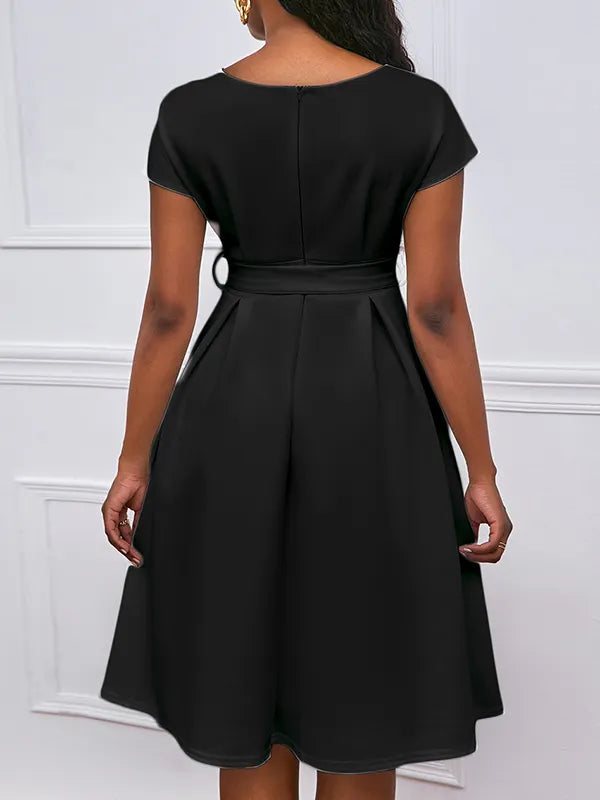 Bowknot Lace-up Color V-neck Midi Dresses