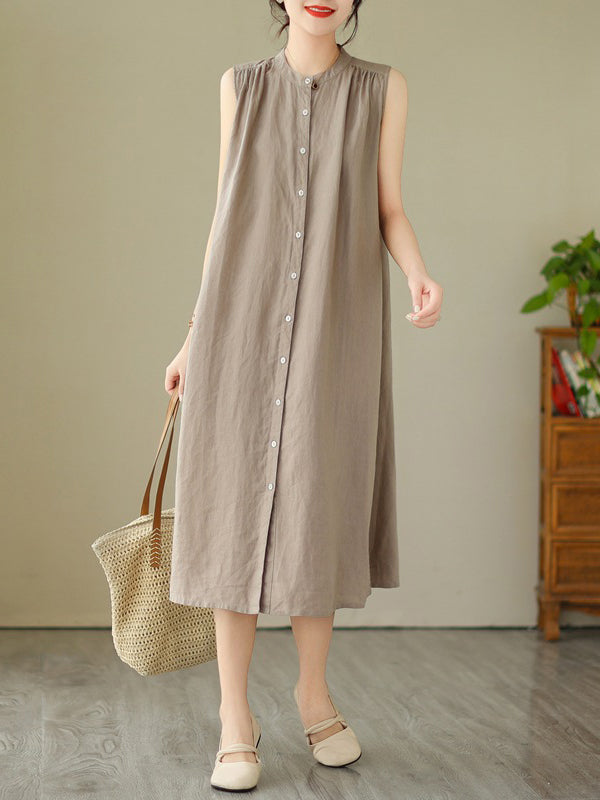 A-line Sleeveless Buttoned Pleated Color Round-neck Midi Dresses
