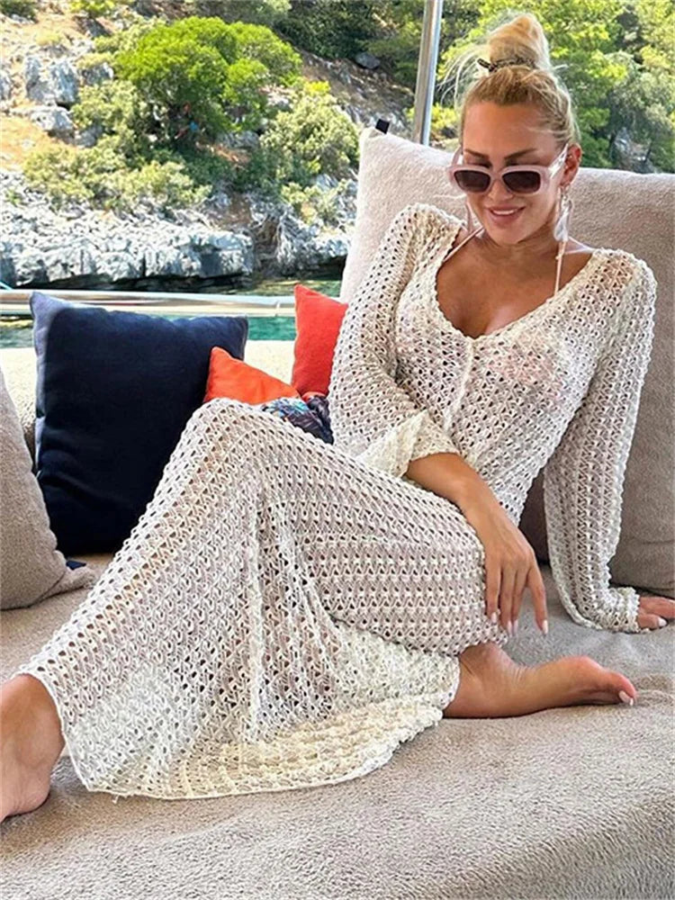 Summer Hollow Out V-neck Cover Up Maxi Dress – ’s Beach Holiday See-through High Waist Long Dress