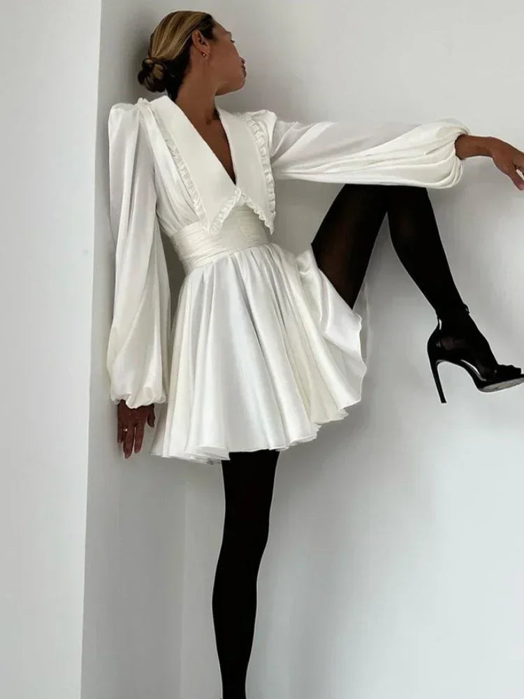 Deep V Neck Folds Dress for Ruffles Turn Collar Belt Mini Dresses Lady Retro Party Evening Dress Female New