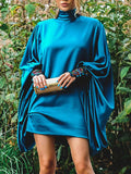 Going Out Loose Batwing Sleeves Buttoned Color Mini Dresses