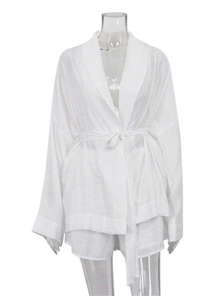 White Lace-up 2 Piece-set Shorts for Loose Bandage Cardigan Coat and High Waist Shorts Sets Female Outfits