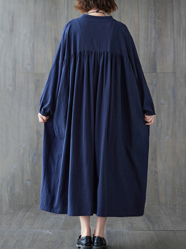 Loose Puff Sleeves Pleated Color Stand Collar Midi Dresses