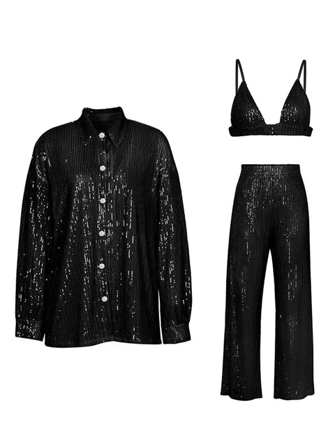 Sparkly Two-piece Set Party Outfits for Sequin Top Blouse Shirt and Pants Suit Female Evening Tracksuit New