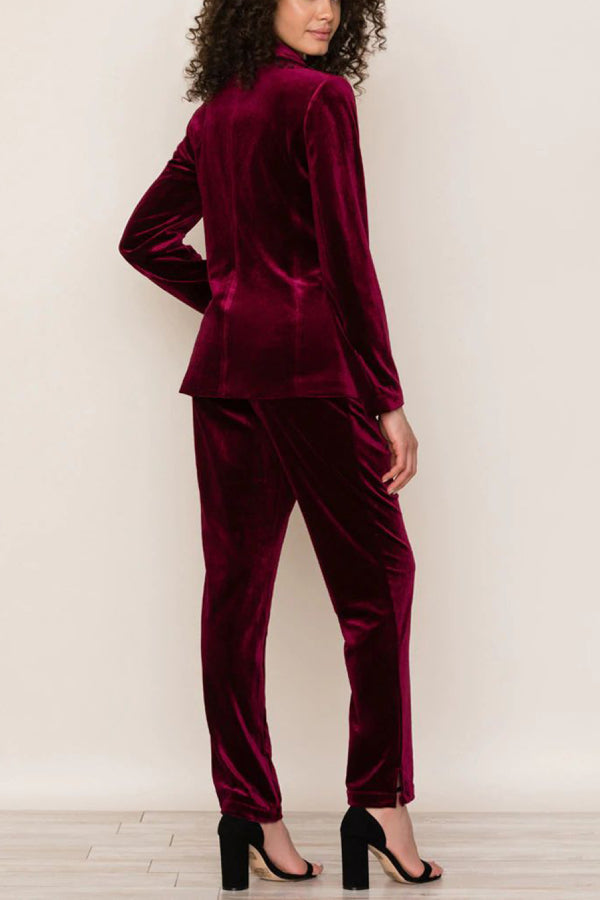 Color Velvet Long-sleeve Blazer and Elastic Waist Pocket Pants Set