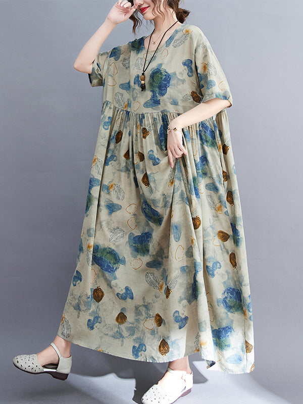 Artistic Retro Loose Printed Pleated Vacation Midi Dress