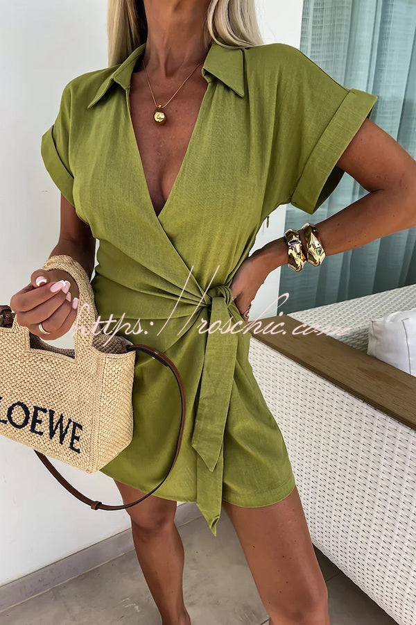 Relaxing Beach Linen Blend Color Wrap Loose Shirt Romper
