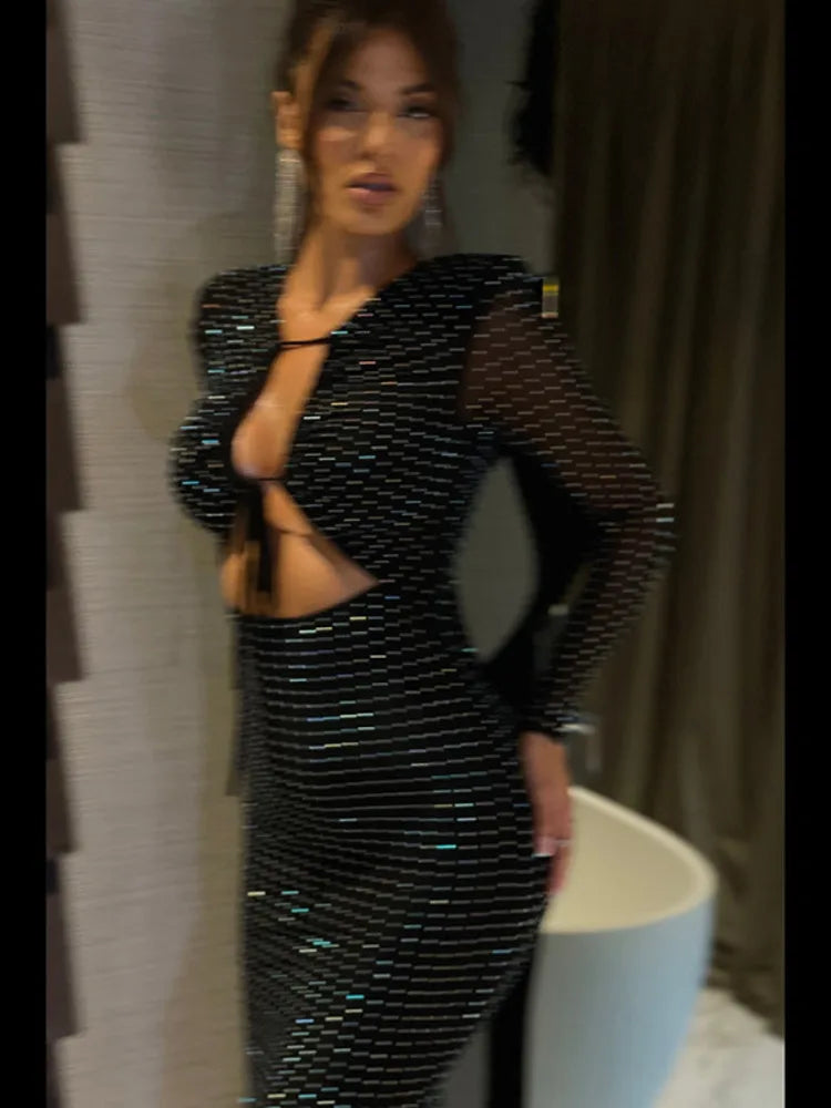 Sequin Sparkle Maxi Dress for Hollow Out Sheer Long Sleeve Bodycon Club Party Long Dress