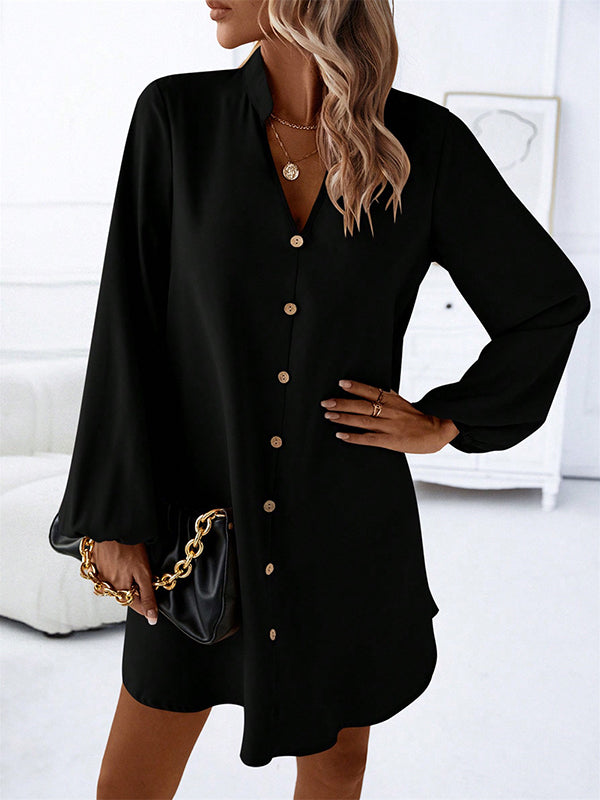 A-line Long Sleeves Buttoned Color V-neck Mini Dresses