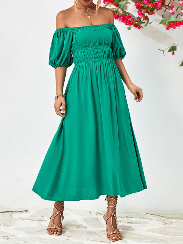 Loose Short Sleeves Color Off-the-shoulder Midi Dresses