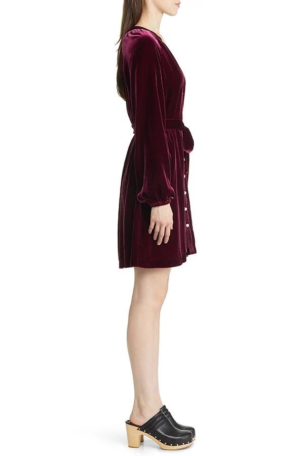 Color Velvet Long-sleeved V-neck Lace-up Mini Dress