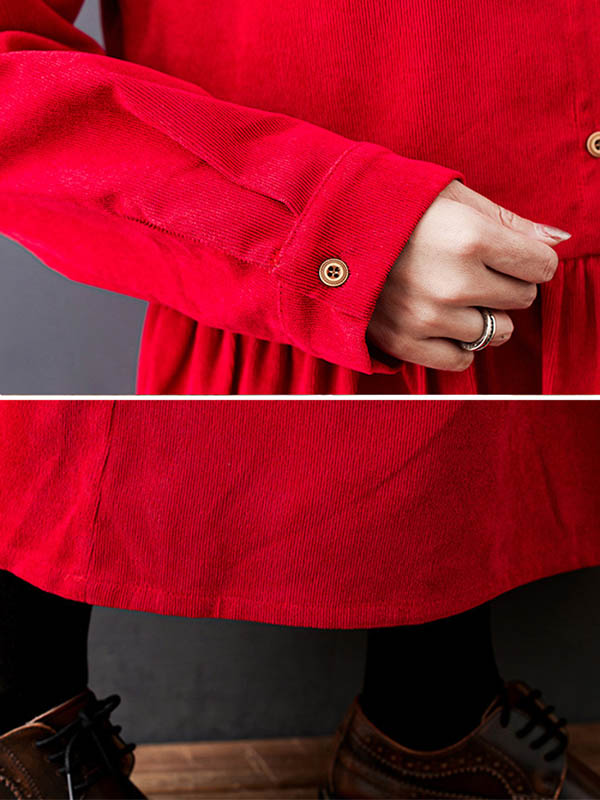 Split-joint Color Long Sleeves Lapel A-line Corduroy Midi Dress