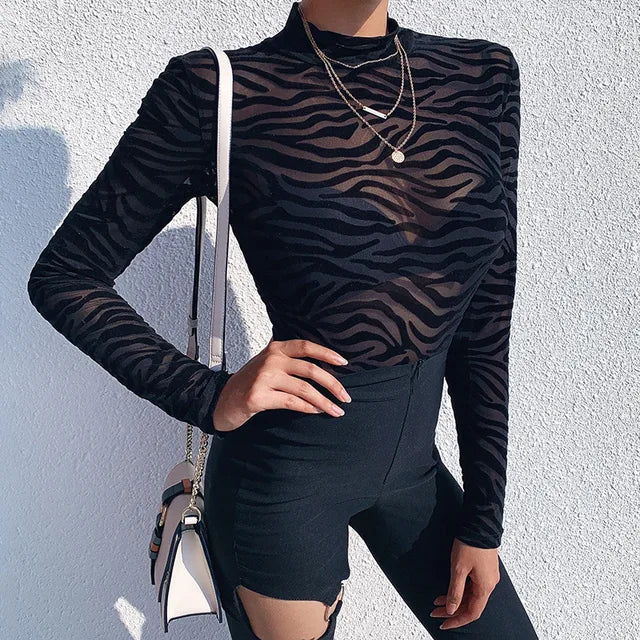 Black Mesh Transparent Bodysuit Long Sleeve Slim Skinny Stripe Mock Neck Rompers Lady Party Club Body
