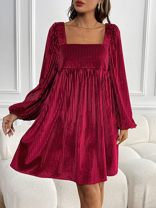 A-line High Waisted Pockets Color Split-joint Velvet Square-neck Mini Dresses