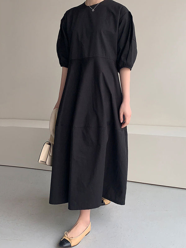 Round-neck Bishop Sleeve Loose Color Midi Dress