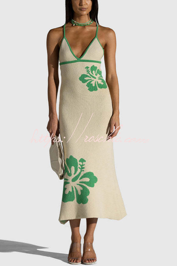 Midsummer Knit Pattern Mermaid Hem Halterneck Stretch Midi Dress