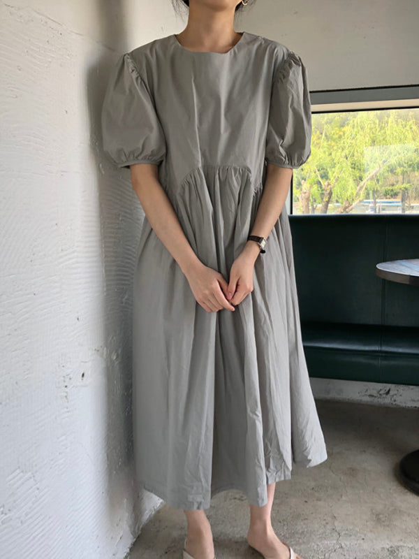 Original Loose Color Pleated Puff Sleeves Midi Dress