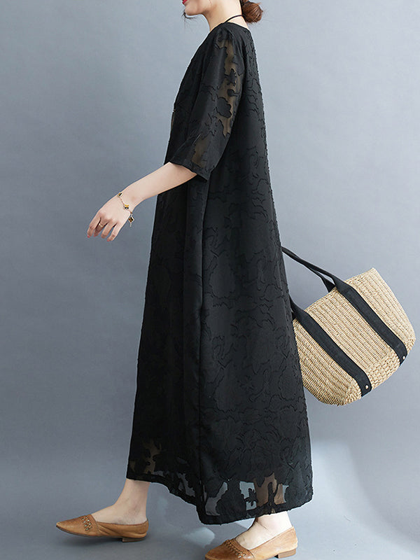 Loose Three-quarter Sleeves Jacquard See-through Color Round-neck Midi Dresses