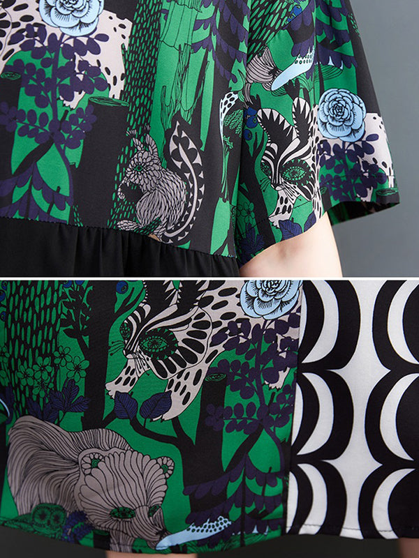 Short Sleeves Loose Printed Split-joint Lapel Midi Dresses Shirt Dress