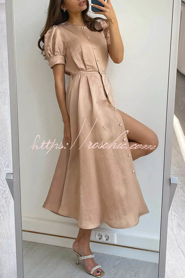 And Classy Vibe Puff Sleeve Pearl Button Slit Midi Dress