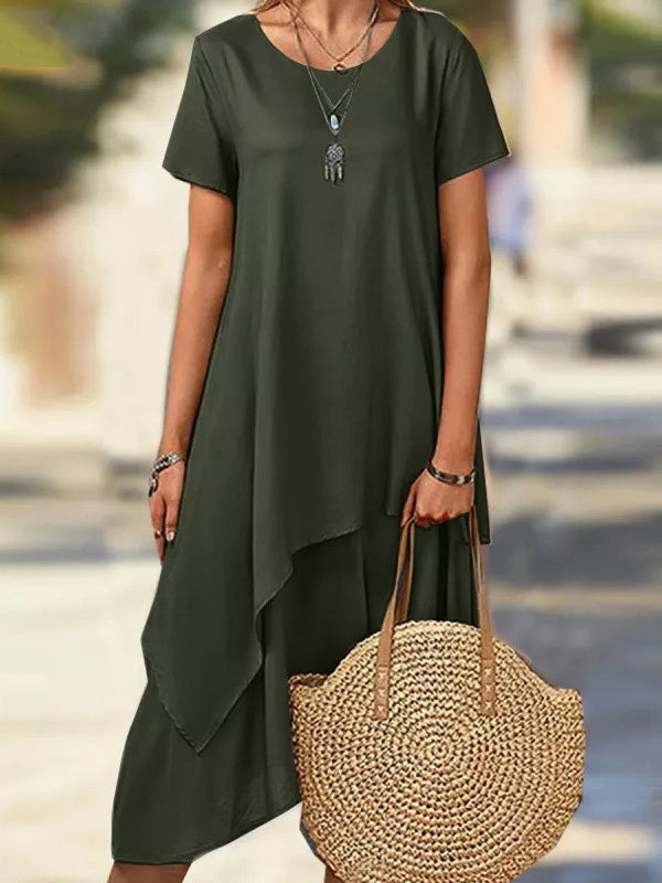 Short Sleeves Asymmetric Color Split-joint Round-neck Midi Dresses