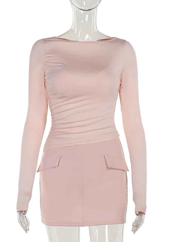Julissa Mo Patchwork Round Neck 3 Piece Sets Skirt Suit Pink Long Sleeve T-shirt Mini Skirt Autumn Slim Skirt Sets