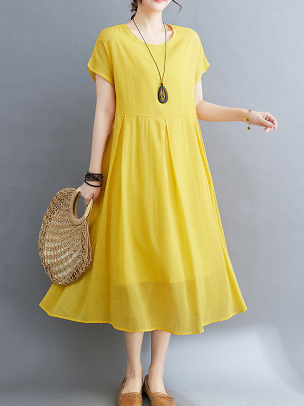 Loose Short Sleeves Color Split-joint Round-neck Midi Dresses