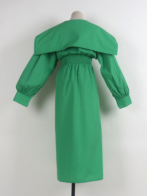 High Waisted Long Sleeves Asymmetric Belted Pleated Color Lapel Midi Dresses