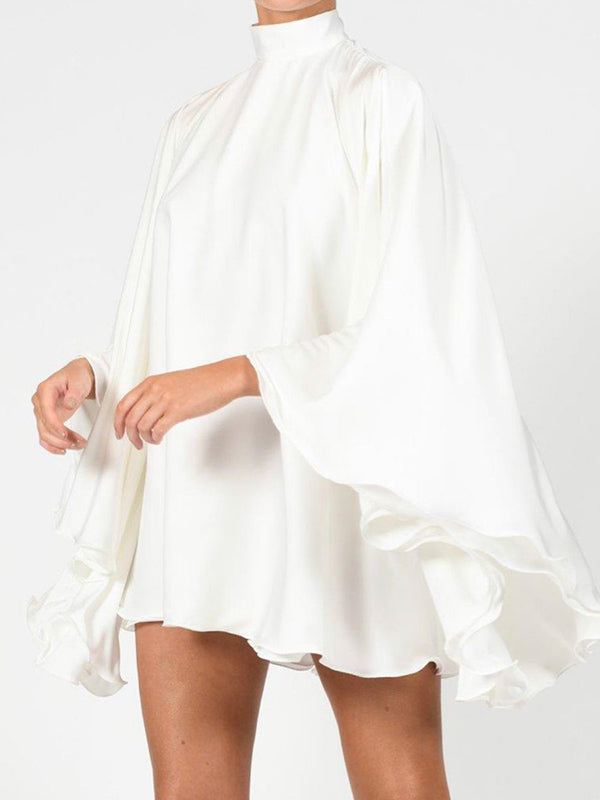 Color High-neck Backless Flared Sleeves Mini Dress