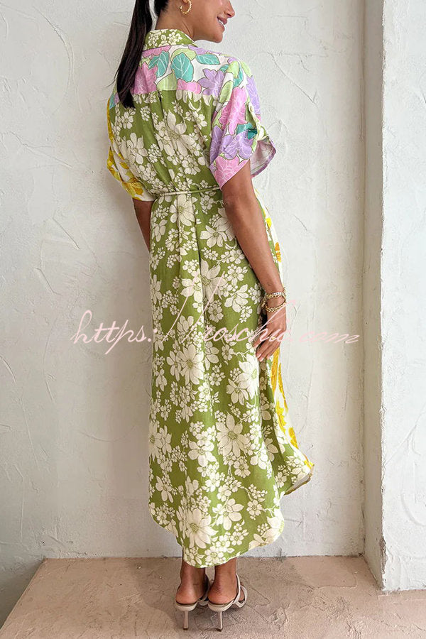 Travel Effortlessly Linen Blend Patchwork Shirt Midi Dress