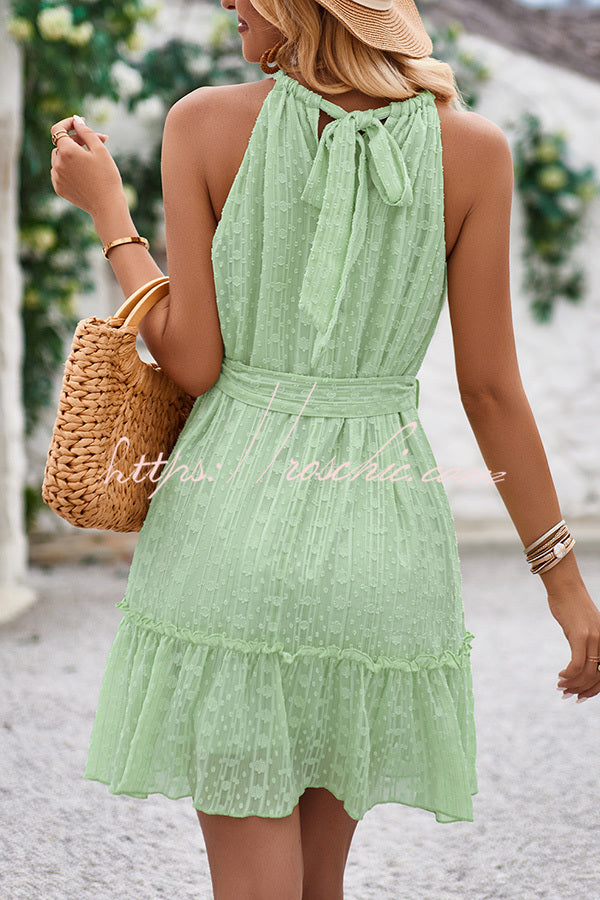 Simple Color Jacquard Patchwork Lace Up Drawstring Mini Dress