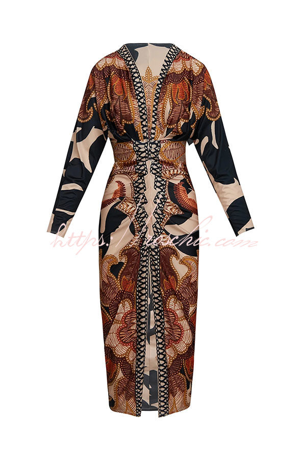 Verra Unique Print Dolman Long Sleeve Ruched Slit Midi Dress