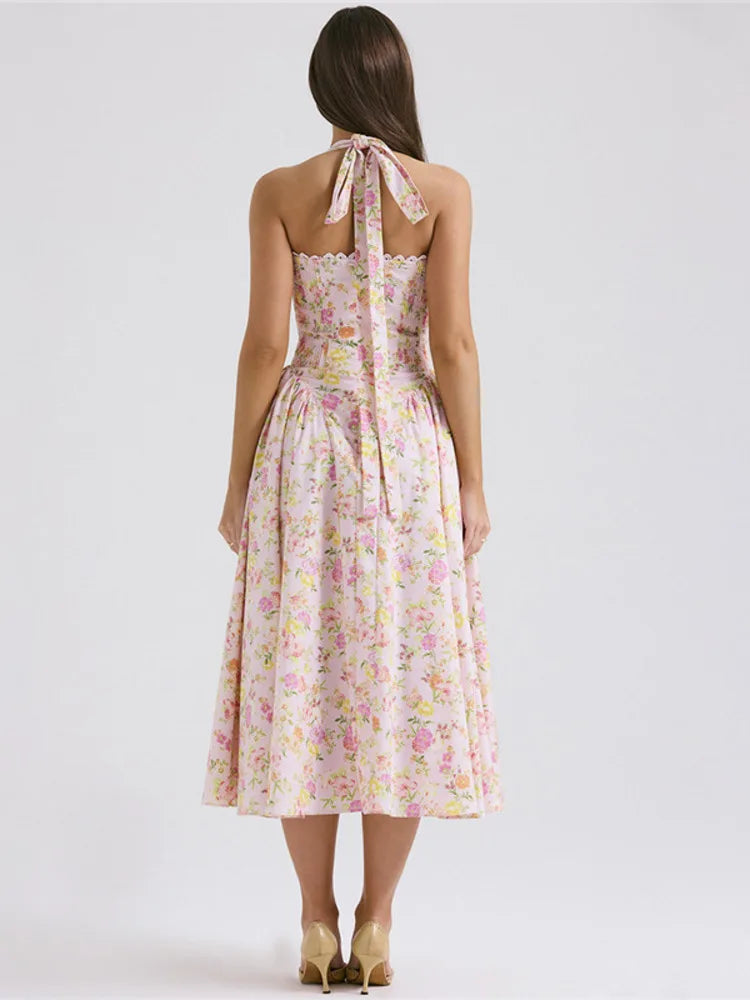 Print A-line Midi Dress for Halter Sleeveless Backless Loose Printed Long Dress New