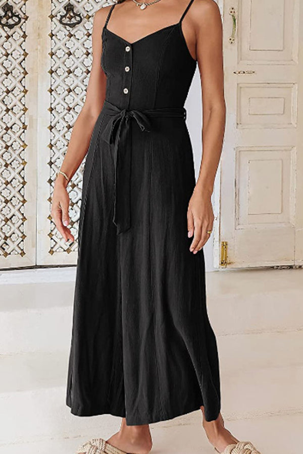 Sleeveless Spaghetti Strap V-neck Gathered Wide-leg Jumpsuit